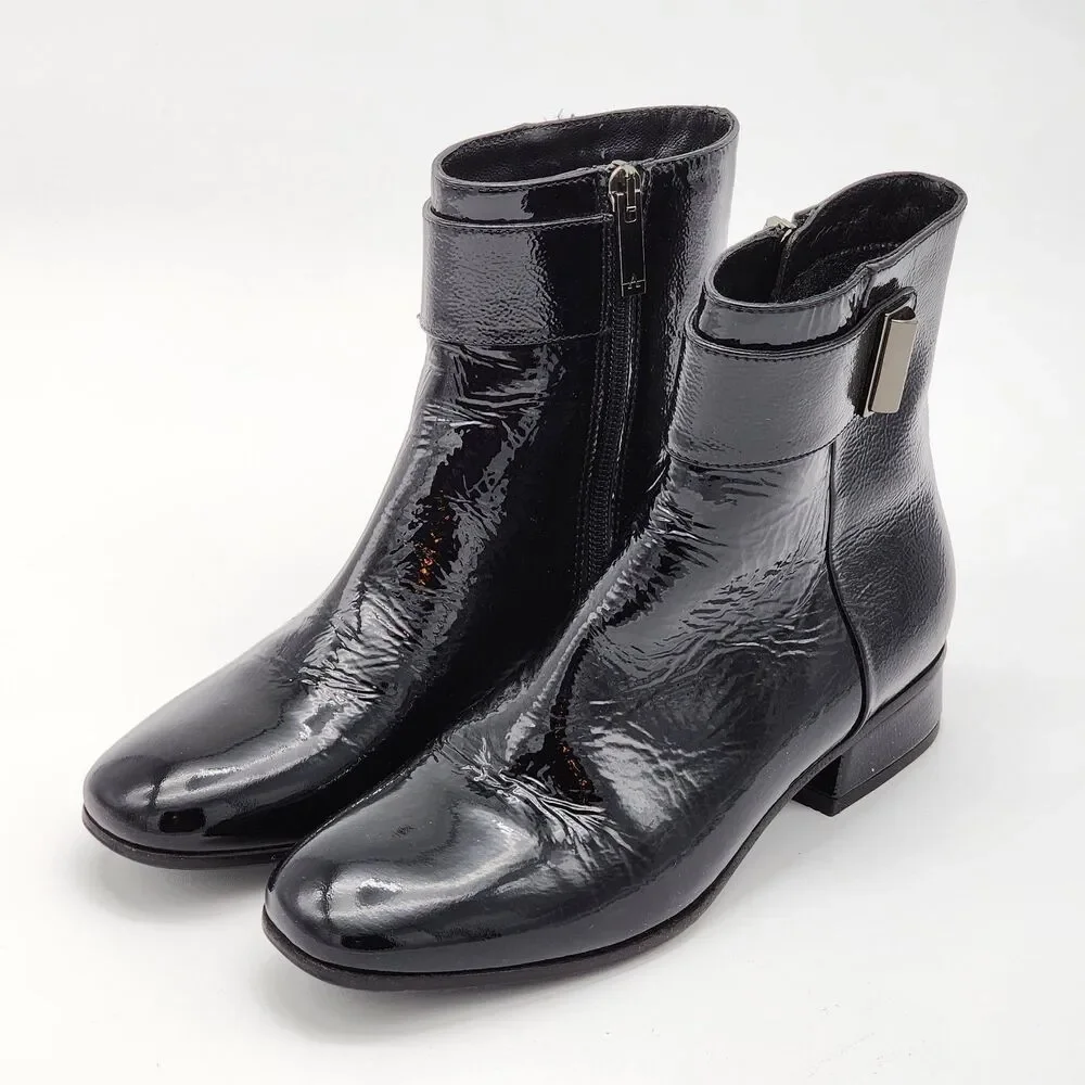 Aquatalia Lupita Sleek Patent Leather Buckle Ankle Boot Booties Black Size 6